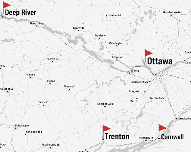 A grayscale map showing parts of Ontario and Quebec, with labeled cities including Deep River, Ottawa, Trenton, and Cornwall, plus red flag markers.